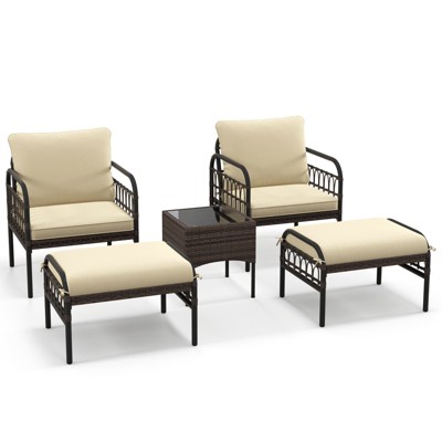 Tangkula 5PCS Wicker Furniture Set PE Rattan Chair Set w/ Ottomans & Coffee Table Patio