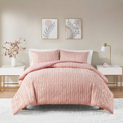 Blush and Gold Twin XL Faux Fur Duvet Cover Set