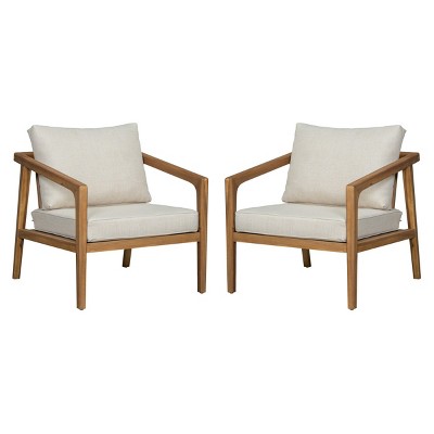 Set Of 2 Outdoor Acacia Wood Club Chairs,Fabric Upholstered Accent Chairs With Solid Wood Frame,Patio Lounge Armrests Chair-Coolbibila