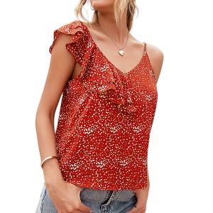 Anna-Kaci Women's Sleeveless Spaghetti Strap Top with Ruffle Front and Allover Polka Dot Print - 1 of 4