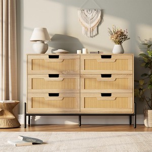 Natural Rattan 6 Drawers Dresser - 47.2" Wx15.7 Dx32.3 H Boho Dresser with Chest of Drawers - 1 of 4