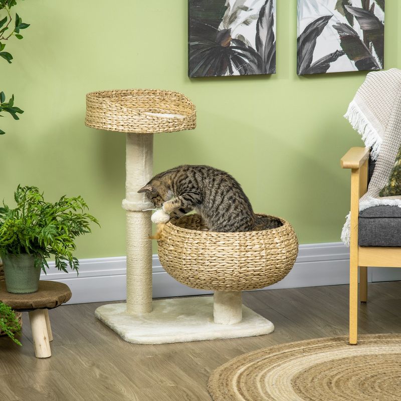 PawHut 28" Elevated Cat Bed with Sisal Scratching Post for Indoor Kitties, Modern Cat Tree with Cute Basket Design, Small Cat Tree with Fun Ball Toy, 4 of 8