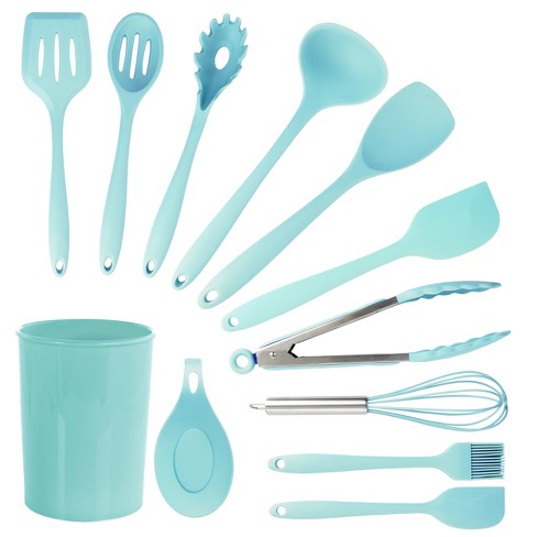 ESSBES Silicone Mini Kitchen Utensils set of 8 Small kitchen tools Nonstick  Cookware with Hanging Hole (blue)