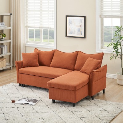 JOYRACER 80" corduroy convertible sofa bed, L-shaped couch with 2 small throw pillows, storage sleeper sofa for small apartments & Living Room
