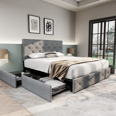 Allewie King Size Upholstered Platform Bed Frame with 4 Storage Drawers, Diamond Stitched Headboard, Wooden Slats, No Box Spring Needed, White