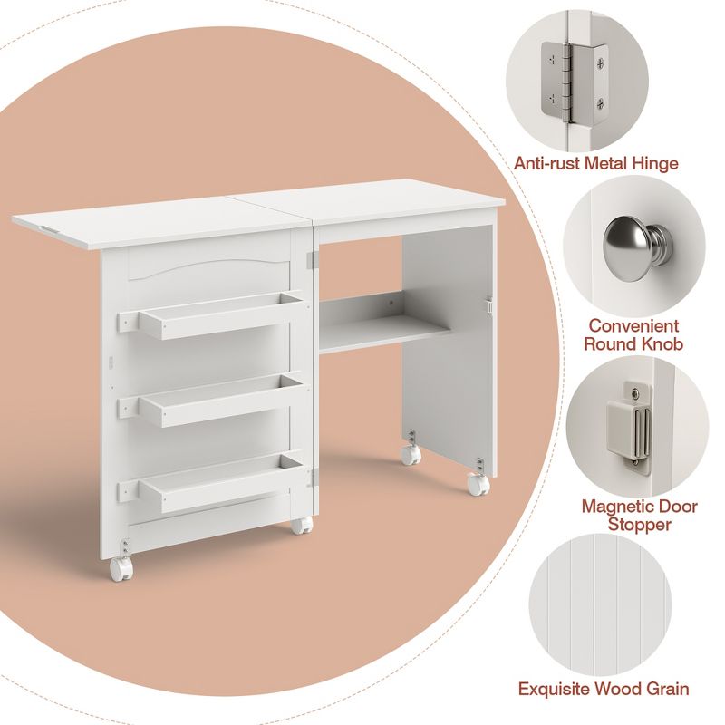 Costway White Folding Sewing Craft Table with Storage Shelves Cabinet Lockable Wheels, 5 of 11