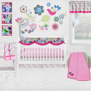 Bacati - Botanical Floral Birds Pink Multicolor 10 pc Crib Bedding Set with Long Rail Guard Cover - 1 of 4