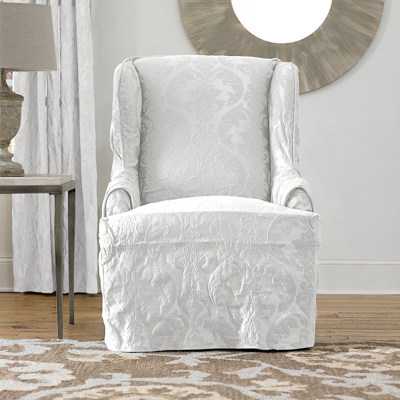 Matelasse Damask Wing Chair Slipcover White - Sure Fit, 3 of 5