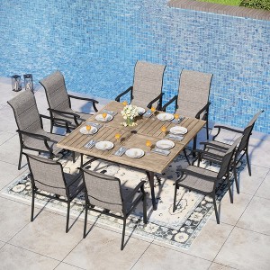 Captiva Designs 9pc Patio Spacious Black Steel Dining Table & High Back Padded Grayish Brown Sling Armrest Chairs - 1 of 4