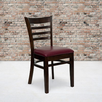 Walnut Wood Ladderback Dining Chairs with Burgundy Upholstered Seats, Set of 2