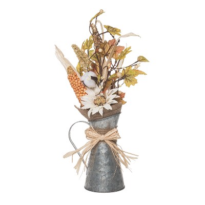 Transpac Metal 19 in. Multicolor Harvest Rustic Sunflower and Cotton Arrangement in Pitcher