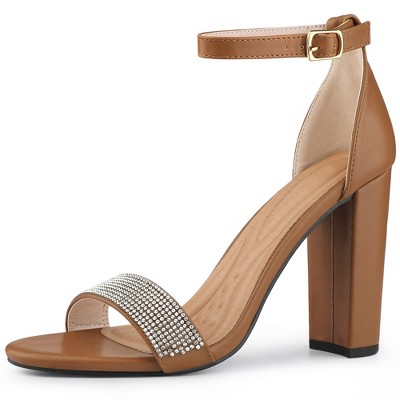 Perphy Women's Open Toe Rhinestone Ankle Strap Chunky Heel Sandals