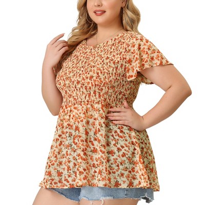 Agnes Orinda Women's Plus Size Floral Top Elastic Waist Chiffon Blouse, 3X