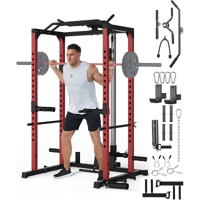 Coucheta Home Gym Power Rack with Pulley System & LAT Pulldown, 1200 LB Heavy Duty Adjustable Squat Rack with Pull Up Bar, Multifunctional Power