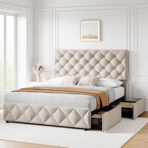 Full Size Bed Frame with 4 Storage Drawers and Adjustable Headboard, Linen Upholstered Platform Bed Frame, Diamond Stitched Button Tufted, off white - 1 of 4