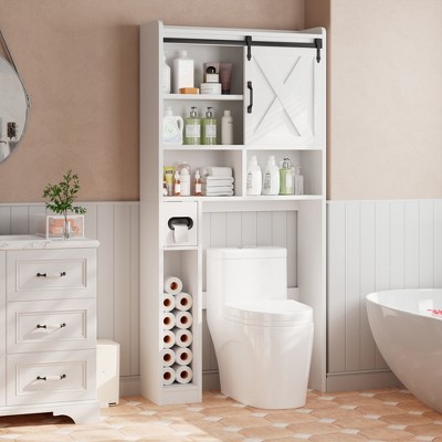Toilet Storage Cabinet, Bathroom Shelves Organizer Space Saver Freestanding Restroom Shelf with Door, Anti-Tip Device Adjustable Shelf