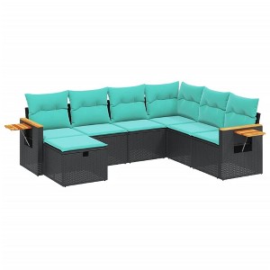 vidaXL 7 Piece Patio Sofa Set with Cushions Black Poly Rattan - Black and Blue Without Table - 1 of 4
