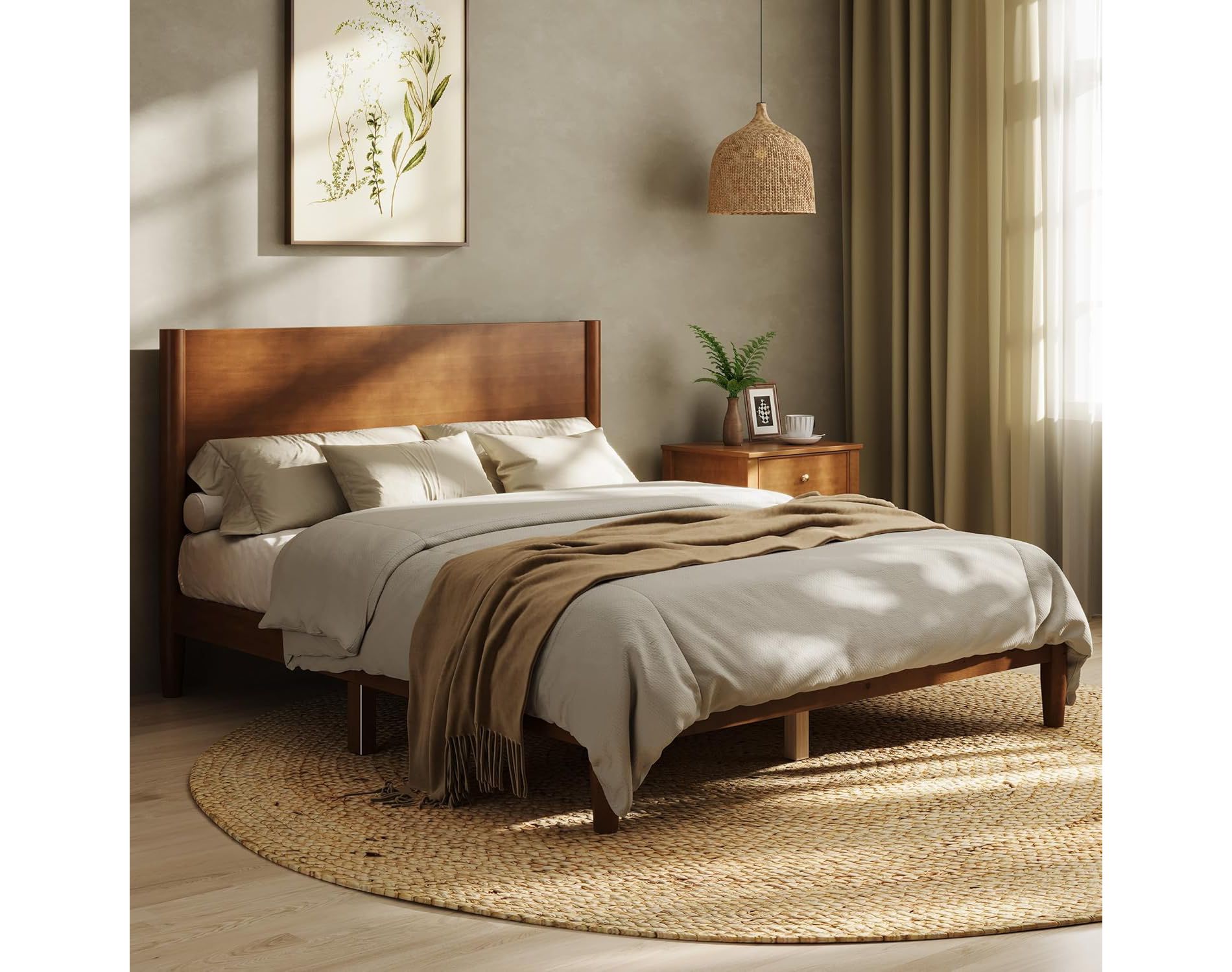 AMERLIFE Solid Wood Platform Bed Frame with 38" Headboard, Wooden Slats