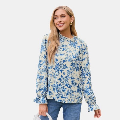 Women's Blue Floral Ruffle Standing Collar Poet Sleeve Blouse - Cupshe