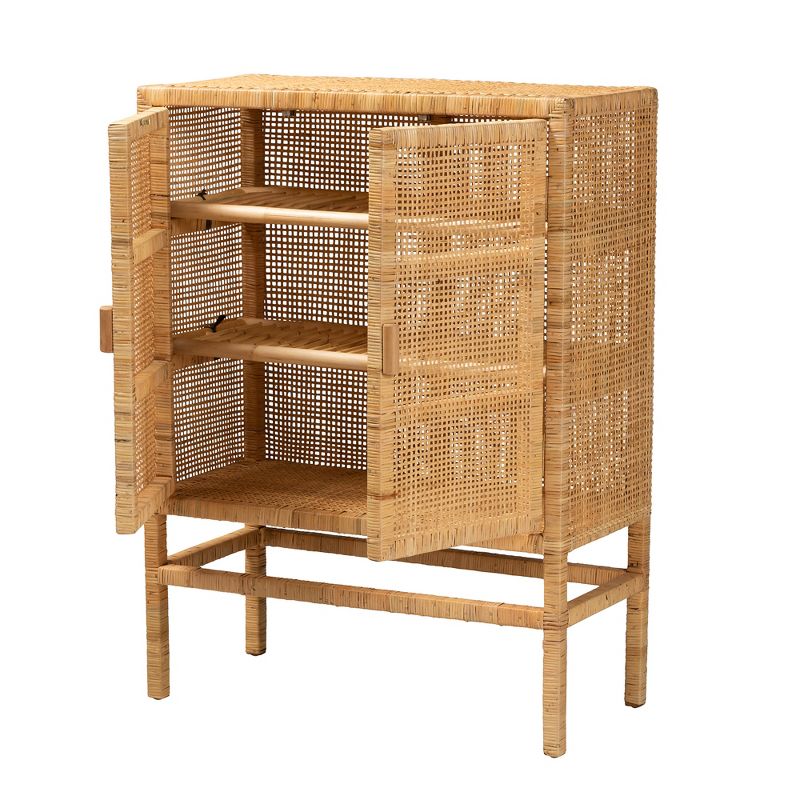 bali & pari Vivan Modern Bohemian Natural Brown Rattan and Mahogany Wood 3-Shelf Storage Cabinet, 3 of 10