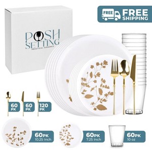 Posh Setting 420 Piece White And Gold Plastic Party Bundle - Garden (60 Settings) - 1 of 4