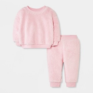 Baby Girls' 2pc Faux Shearling Floral Sweatshirt and Jogger Pants Set - Cat & Jack™ Pink - 1 of 4