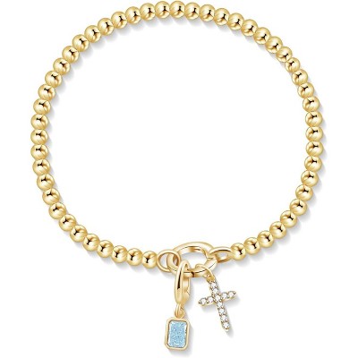 Free bird Cross Birthstone Bracelet | Dainty 14K Gold Plated Cross Charm Bracelet | Stretchable Elastic Gold Beaded Bracelet
