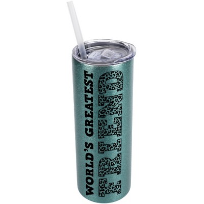 Elanze Designs Leopard Pattern Turquoise Blue 20 Ounce Double Wall Stainless Steel Glitter Travel Tumbler With Sliding Lid And Straw, World's Greatest