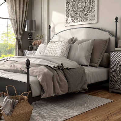 King Gunmetal Metal Four-Poster Bed with Cushioned Headboard