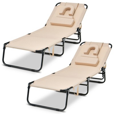Tangkula 2PCS 5-Position Lounge Chair Adjustable Beach Chaise w/ Face Cavity & Pillows