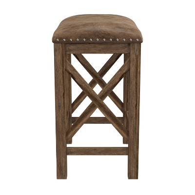 Antique Walnut & Weathered Brown Leather Saddle Barstool, Set of 2
