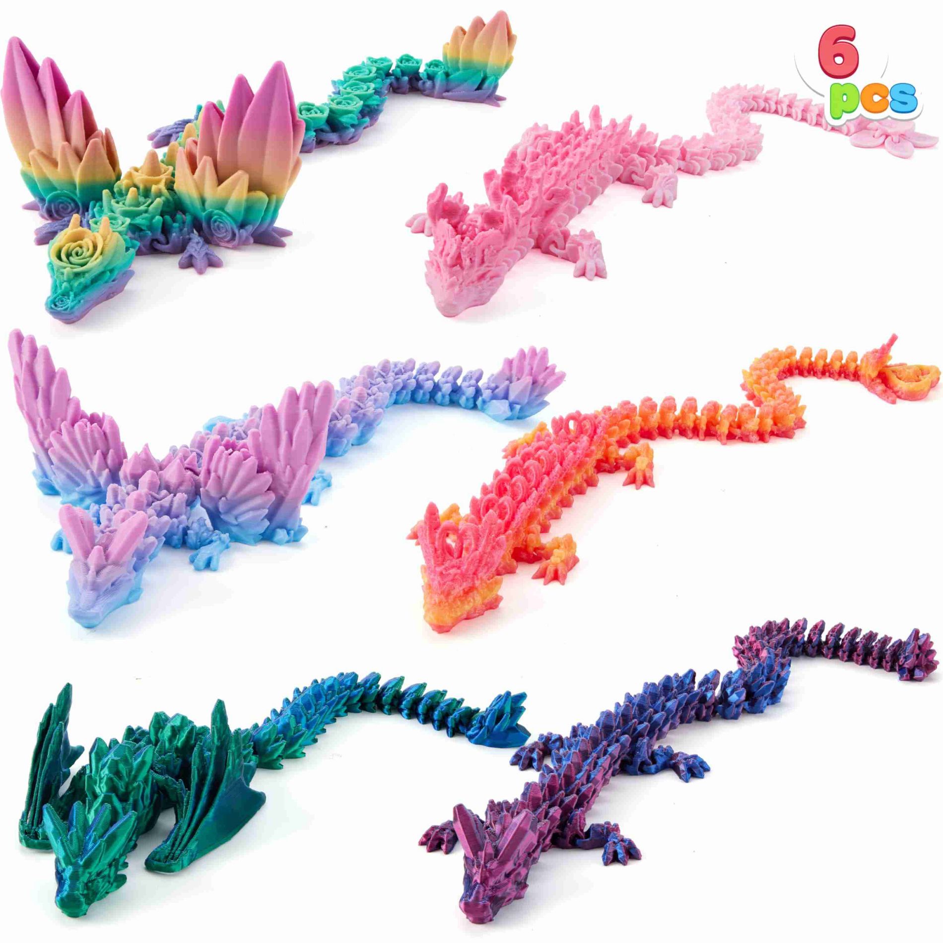 6 Pcs 3D Printed Dragon Fidget Toys Big Flexible 3D Printed Animals Easter Egg Fillers Articulated Crystal Dragon with Wings in Gradient Colors