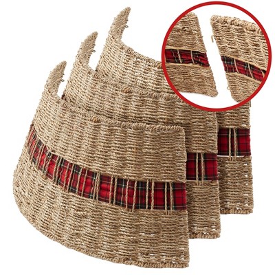 Natural Seagrass Woven Christmas Tree Collar with Tartan Plaid Ribbon, 32 Inches