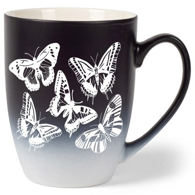 Elanze Designs Butterflies Two Toned Ombre Matte Black and White 12 ounce Ceramic Stoneware Coffee Cup Mug