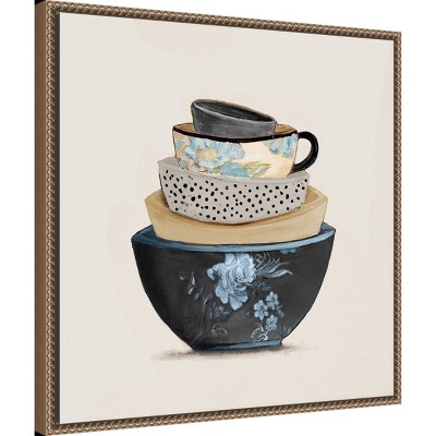 22"x22" Blue and Beige Stacked Bowls Canvas Print with Beaded Bronze Frame