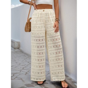 Women's Pants Wide Leg Elastic Waist Lace Hollow Two Side Pockets Oversize Loose Casual - 1 of 4