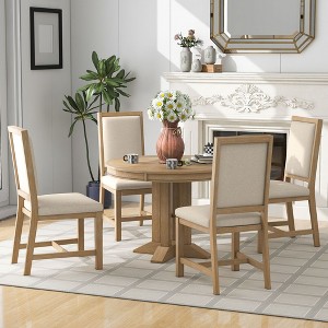 CAVINAS Round Dining Table Set for 4 Farmhouse Wooden Round Extendable Dining Table and 4 Upholstered Chairs for Dining Room - 1 of 4