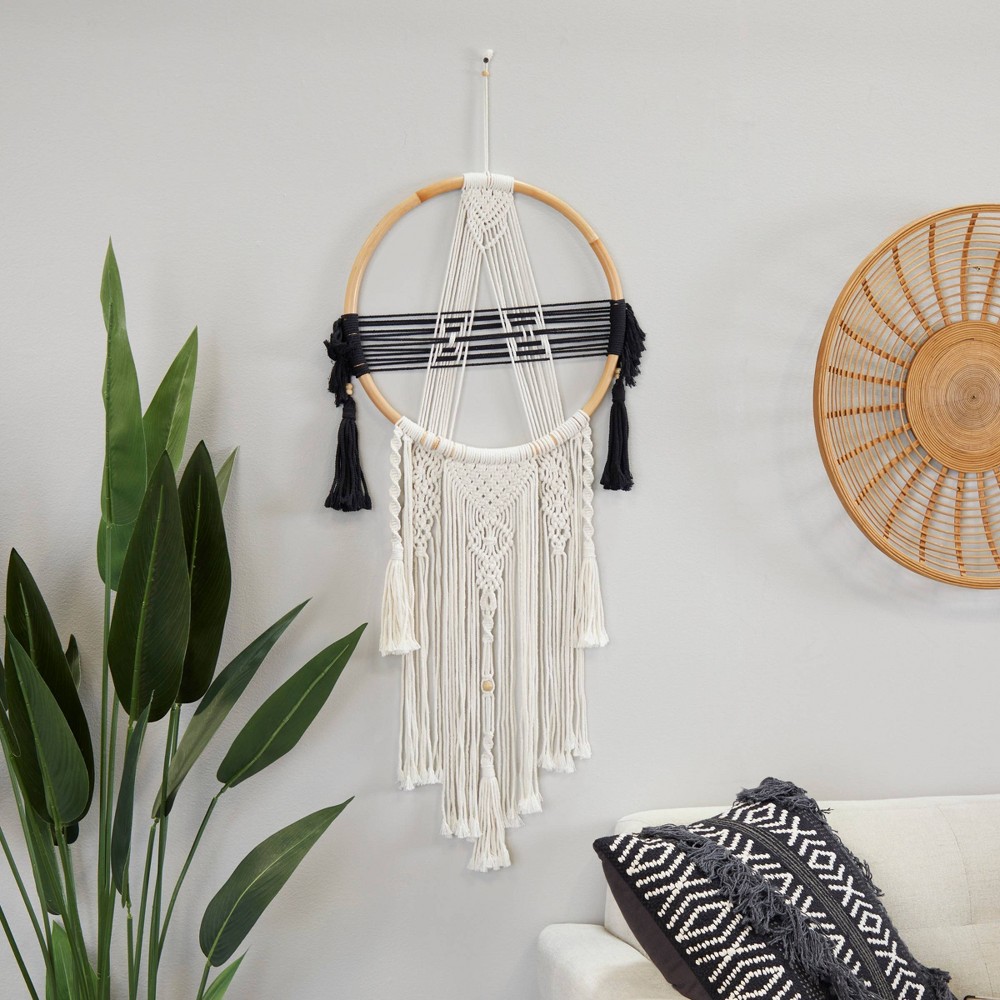 Photos - Wallpaper Cotton Macrame Handmade Intricately Weaved Wall Decor with Beaded Fringe Tassels Black - Olivia & May: Artisan Crafted, Boho
