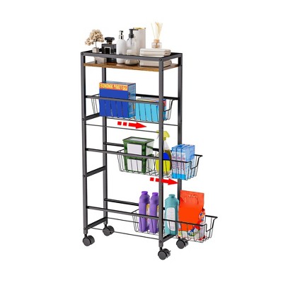 Slim Storage Cart 4 Tier Slim Rolling Storage Cart With Wheels & Wood Top Narrow Sliding Storage Laundry Cart With 3 Pull-Out Baskets KitchenBathroom