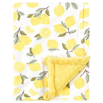 Hudson Baby Infant Girl Plush Blanket with Furry Binding and Back, Lemon, One Size
