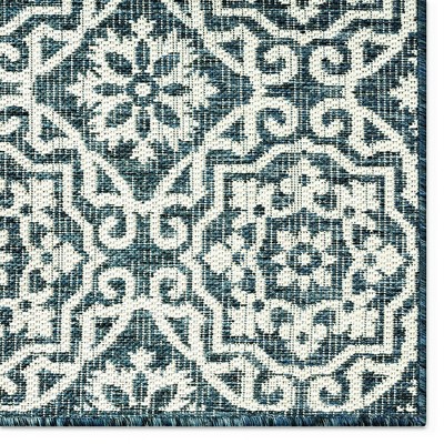 Teal Blue Geometric Synthetic Indoor/Outdoor Area Rug