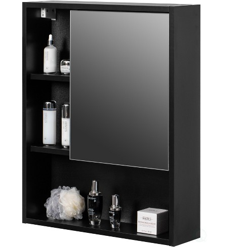 Basicwise Wall Mount Bathroom Mirrored Storage Cabinet with Open Shelf | 2  Adjustable Shelves Medicine Organizer Storage Furniture (Black)