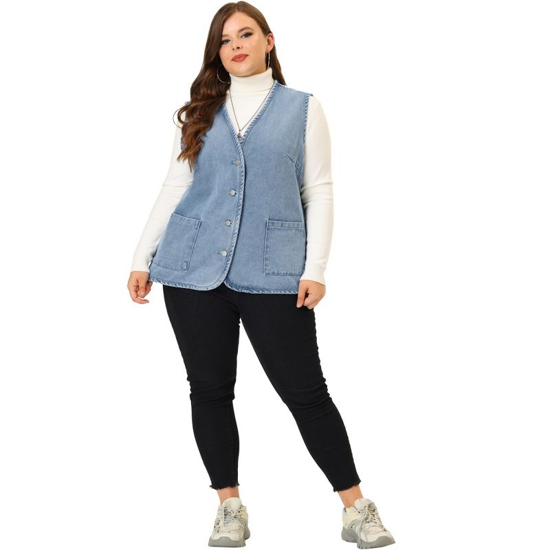 Agnes Orinda Women's Plus Size Sleeveless Denim Button Down V Neck Jean Vest, 3 of 6