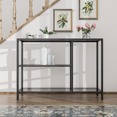 Neutypechic Modern Metal Narrow Console Table Rectangle Entryway Table with Storage, Iron Frame, Tempered Glass Top - 40" × 9" - image 1 of 4