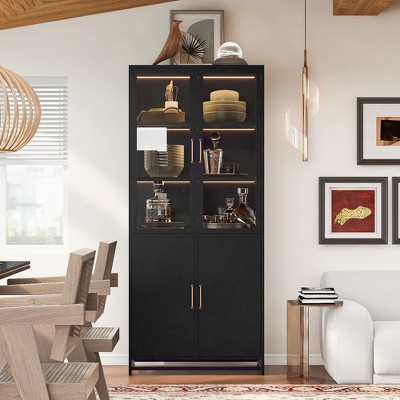 Okak Tall Cabinet, Display Cabinet with 5 Glass Doors and 5 Shelves, Modern Style Curio Cabinet for Home Living Room, Office, Black