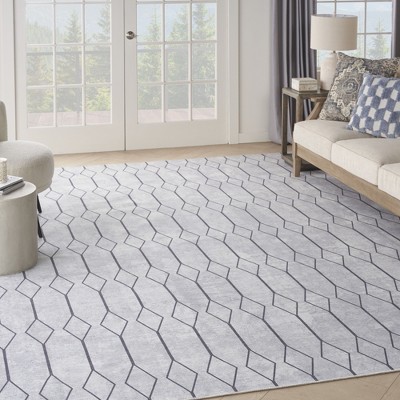 Ivory and Grey Geometric Washable Rectangular Rug