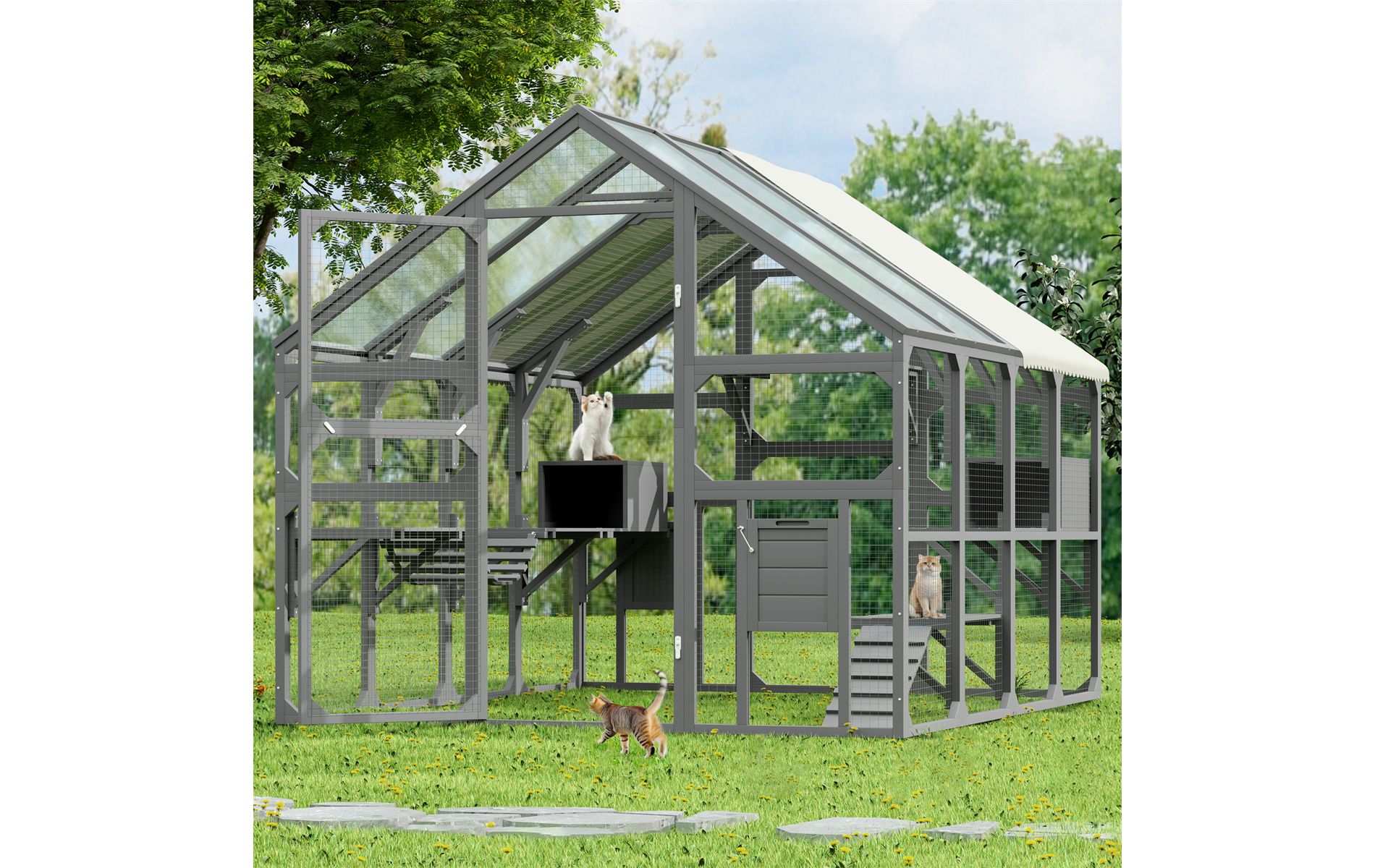 ELJGET Large Catio Outdoor Cat Enclosure, 100" Wooden Catio for Multiple Cats, Outdoor Cat House with 7 Platforms, 2 Resting Boxes, 1 Bridge & 1 Ramp