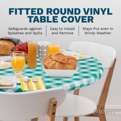 Green and White Vinyl Round Fitted Tablecloth with Elastic, 30"