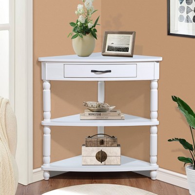VYNXARIA 33.8in Small Triangle Corner Table,Wood Corner Side Table for Small Spaces,Living Room,3 Tier End Corner Table with Solid Wood Legs