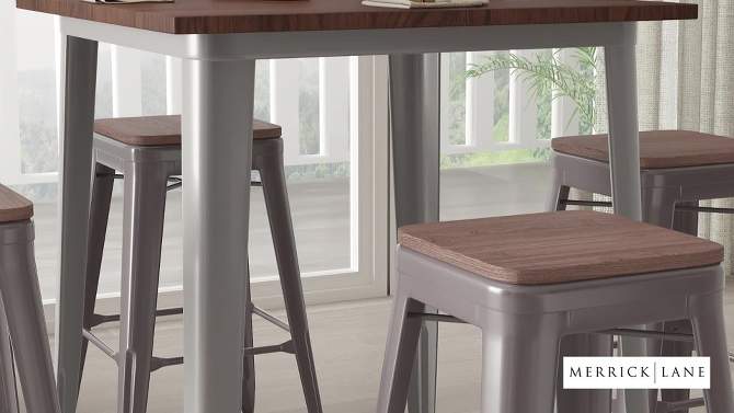 Merrick Lane Set of 4 30 Inch Tall Clear Coated Gray Metal Bar Counter Stool With Textured Walnut Elm Wood Seat, 2 of 13, play video